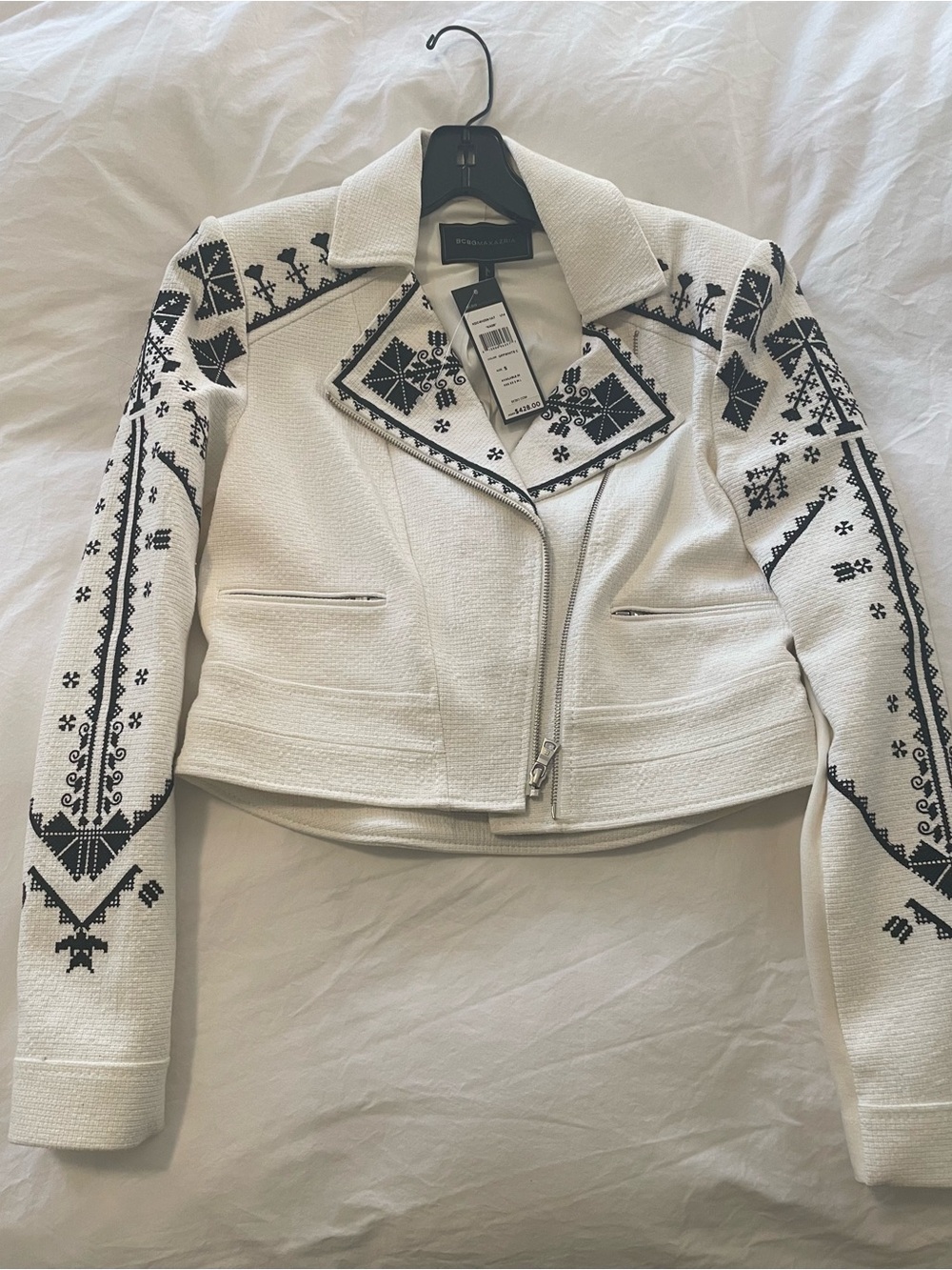 BCBGMaxAzria White Cropped Jacket with Black Embroidered Motif